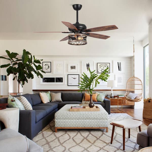 52 in. Indoor Matte Black Ceiling Fan with Remote Control