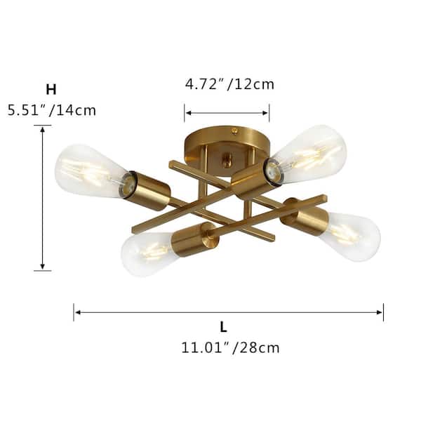 Modern 11 in. 4-Light Gold Sputnik Linear Farmhouse Semi-Flush Mount Ceiling Lighting Fixture