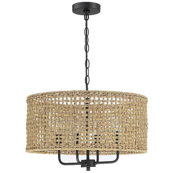 Cape 20 in. 4-Light Bohemian Drum Chandelier with Lime Hand Woven Shade