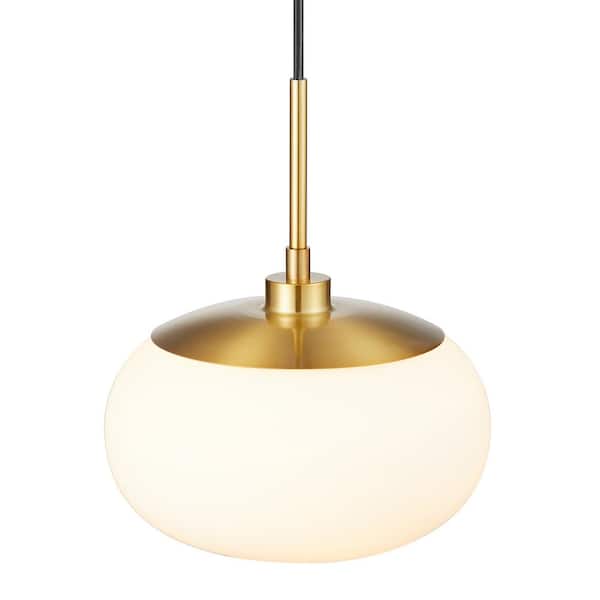 1-Light Opal Glass Pendant Light in Antique Brass Finish