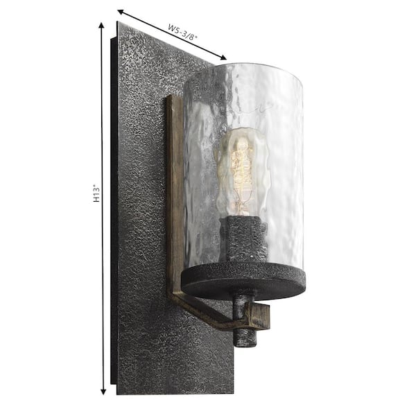 Angelo 5.5 in. W. 1-Light Distressed Weathered Oak and Slated Grey Metal Wall Sconce with Clear Thick Wavy Glass