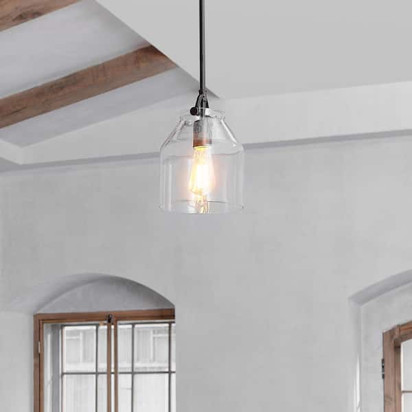 1-Light Matte Black Shaded Pendant Light with Clear Glass Shade
