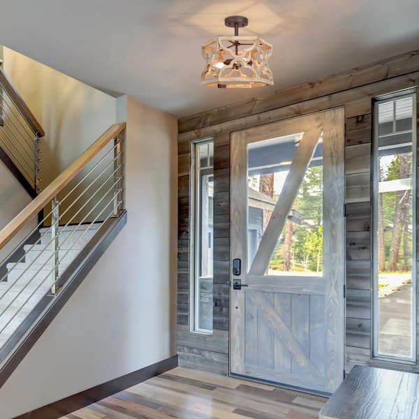 Farmhouse Hexagon Antique Wood Semi-Flush Mount, Geometric 3-Light Brown Kitchen Ceiling Light with Rusty Metal Accents