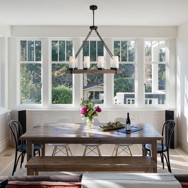 Brown Rectangular Chandelier, Farmhouse Wood 8-Light Black Dining Room Chandelier with Cylindrical Frosted Glass Shades