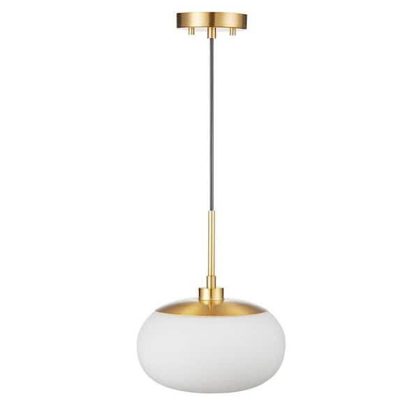 1-Light Opal Glass Pendant Light in Antique Brass Finish