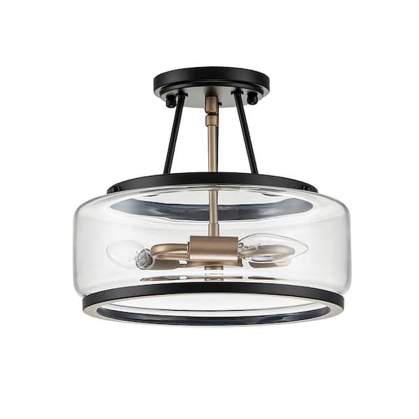 Lumin 11.8 in. 3-Light Black and Brass Semi-Flush Mount with Clear Glass Shade