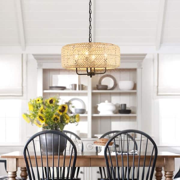 Bungalo 19.7 in. 4-Light Black/Wheat Bohemian Drum Chandelier with Natural Bamboo Shade