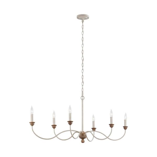 Hartsville 6-Light Chalk Washed White/Light Brown Beachwood Linear Country Coastal Farmhouse Candlestick Chandelier