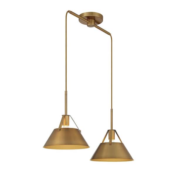 29 in. W x 10.5 in. H 2-Light Natural Brass Linear Chandelier with Matching Natural Brass Metal Shades