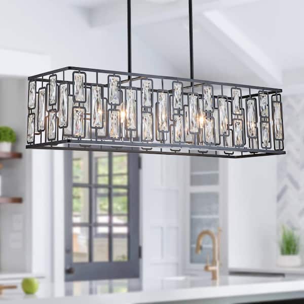 5-Light Black Rectangular Island Chandelier with Faceted Crystals