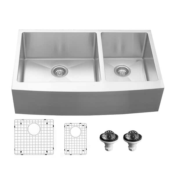 16-Gauge Stainless Steel 36 in. Undermount Double Bowl Farmhouse Apron Front Kitchen Sink with Grid and Basket Strainer