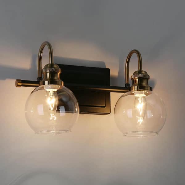 14.5 in. 2-Light Brass Gold Bathroom Vanity Light, Globe Clear Glass Bath Lighting, Black Modern Wall Sconce