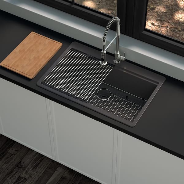 Stonehaven Drop-in/Undermount Black Onyx Granite Composite 33in Single Bowl Workstation Kitchen Sink with Black Strainer