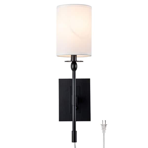 1-Light Black Hardwired and Plug-in Wall Sconce with Fabric Shade and ON-OFF Switch