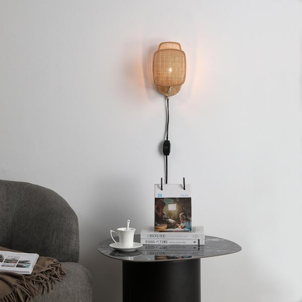 Amud - 3.68 in. 1-Light Natural Wall Sconce, Dimmable, Plug in, with Wicker Shade, No Bulb Included