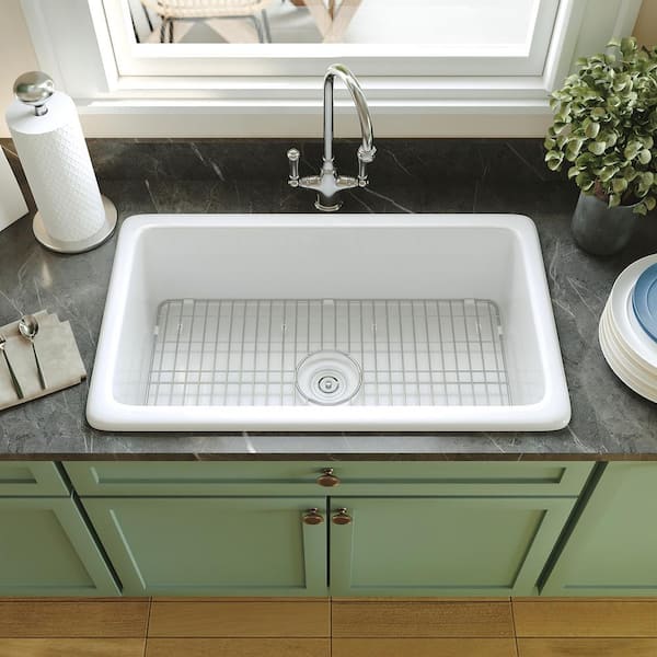 Glen White Rectangular Fireclay 32 in. Single Bowl Undermount/Drop-In Kitchen Sink with Basket Strainer and Sink Grid
