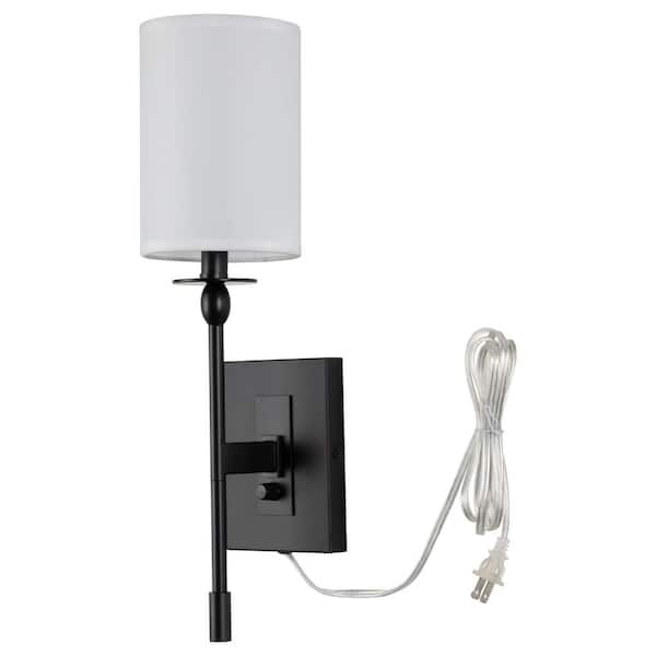 1-Light Black Hardwired and Plug-in Wall Sconce with Fabric Shade and ON-OFF Switch