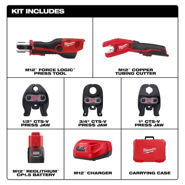 M12 12-Volt Lithium-Ion Force Logic Cordless Press Tool Kit with M12 Copper Tubing Cutter (3 Jaws Included)