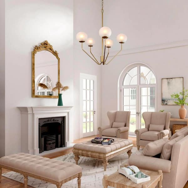 Mid-Century Modern Living Room Chandelier 5-Light Brass Gold Globe Chandelier with Frosted Glass Shades