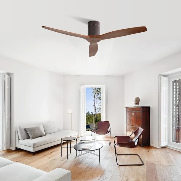 52 in. Indoor/Outdoor 6-Speed DC Motor Flush Mount Ceiling Fan in Brown with Remote