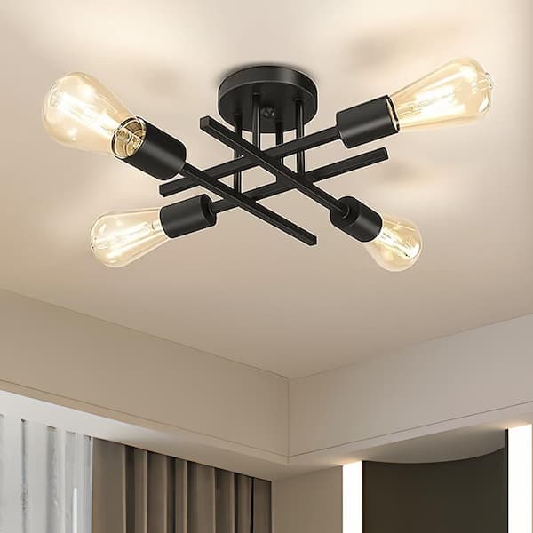14 in. 4-Light Modern Sputnik Linear Black Metal Semi- Flush Mount Ceiling Lights Fixture Sputnik Chandelier Light