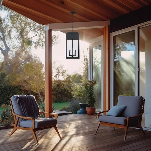 Marley 22.7 in. 2-Light Black Outdoor Hanging Pendant Light Fixture with Clear Glass