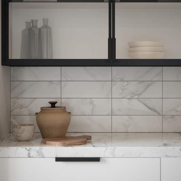 Glossy Ocean Carrara White 4 in. x 12 in. Subway Gloss Ceramic Wall Tile (9.687 sq. ft./Case)