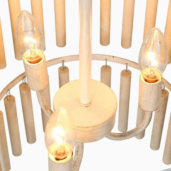 Modern 18.5 in. 3-Light Antique White Wooden Chandelier, Coastal Bedroom Chandelier, Farmhouse Hanging Pendant Light