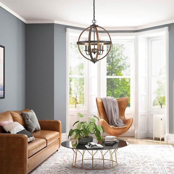 Rustic Globe Candlestick Brushed Silver Chandelier 4-Light Island Farmhouse Cage Pendant Chandelier with Wood Accents