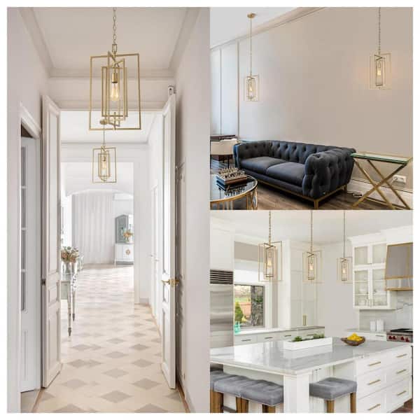 Modern Gold Kitchen Island Large Single Pendant Light, 1-Light Geometric Dining Room Chandelier with Swing Frame Tiers