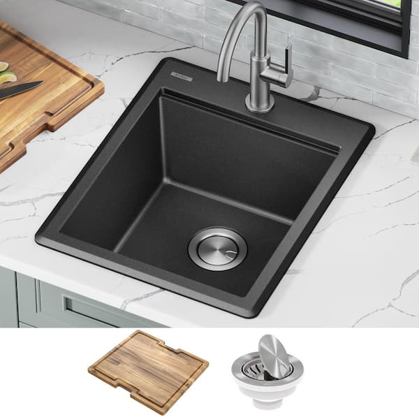 Bellucci Metallic Black Granite Composite 18 in. 1-Hole Drop-in Workstation Bar Sink with Accessories