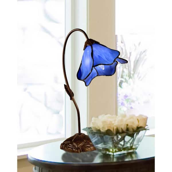 19 in. 1-Light Blue Lily Dark Antique Bronze Poelking Table Lamp
