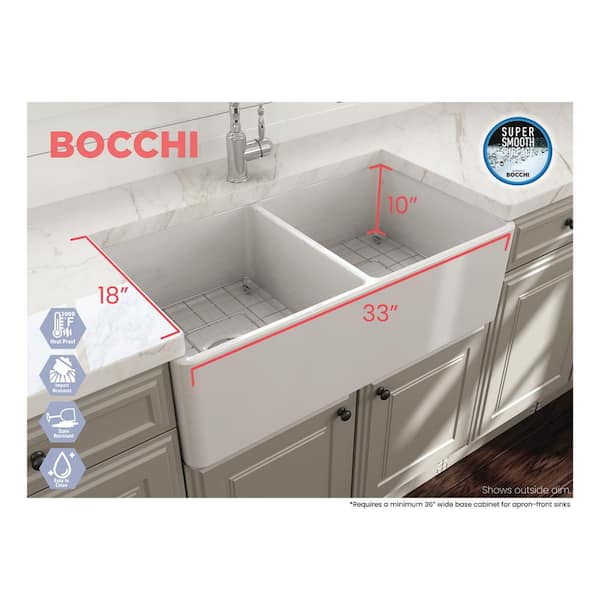Classico Farmhouse Apron Front Fireclay 33 in. Double Bowl Kitchen Sink with Bottom Grid and Strainer in White