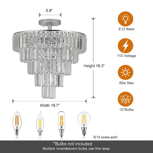 19.7 in. 10-Light Chrome Crystal Semi-Flush Mount Chandelier Light, 5-Tier Round Chandelier