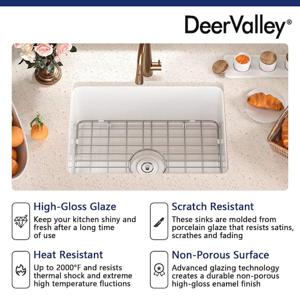 Glen White Rectangular Fireclay 24 in. Single Bowl Undermount/Drop-In Kitchen Sink with Basket Strainer and Sink Grid