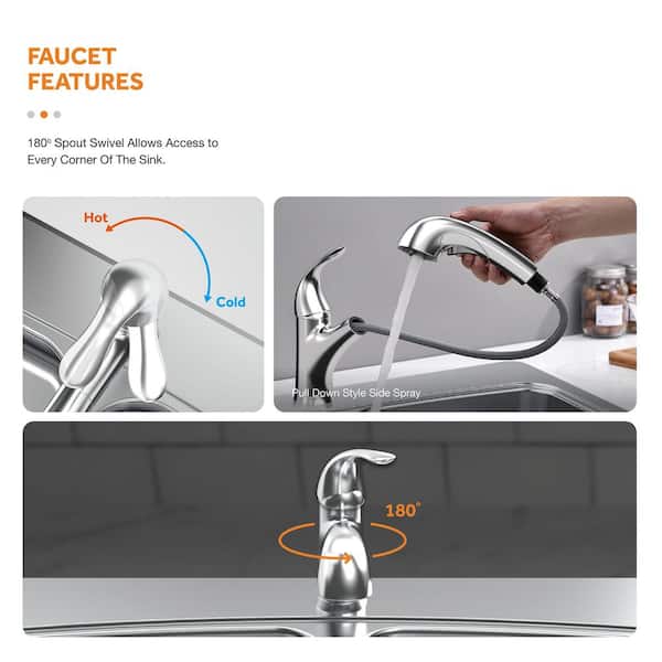 All-in-1-Drop-In Stainless Steel 33 in. 2-Hole 50/50 Double Bowl Kitchen Sink with Pull-Out Faucet