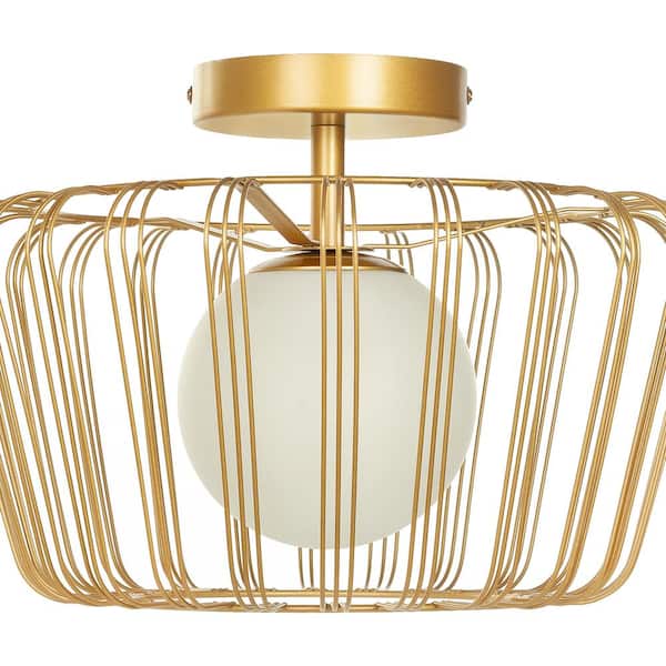 Murray 13 in. Gold Metal Semi-Flush Mount Ceiling Light with Frosted Glass Globe Shade