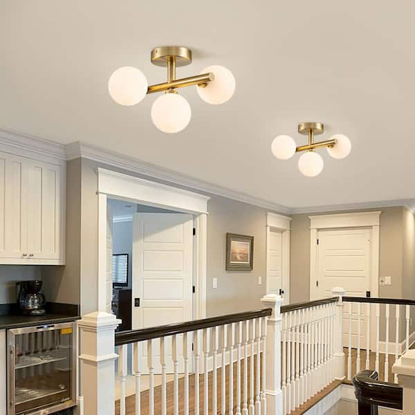 Lueck 12.99 in. 3-Light Brass Sputnik Glass Semi Flush Mount