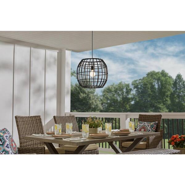 Harper Hills 1-Light Black Outdoor Pendant Light with Black Resin Wicker Shade