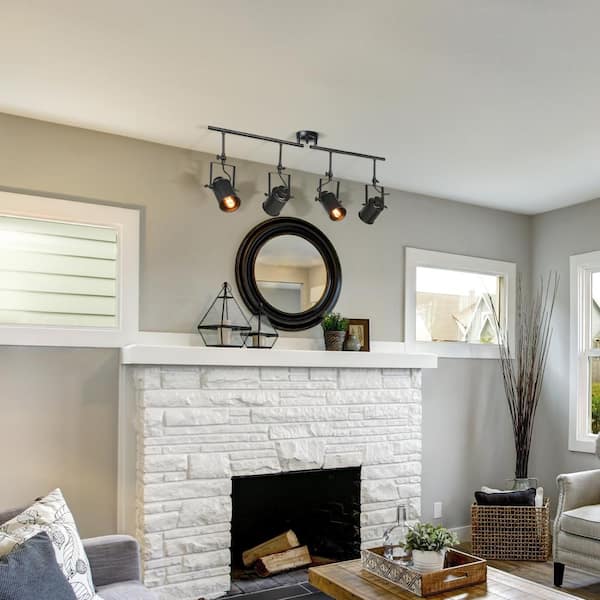 Modern Industrial Black Fixed Track Lighting Kit 4-Light Linear Task Light with Rotatable Cylinder Heads, LED Compatible