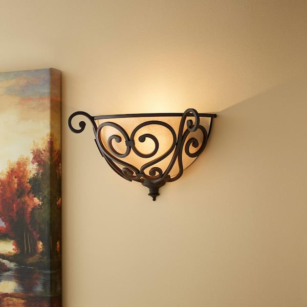 Earle 1-Light Aged Iron Half Sconce with Scavo Glass Shade