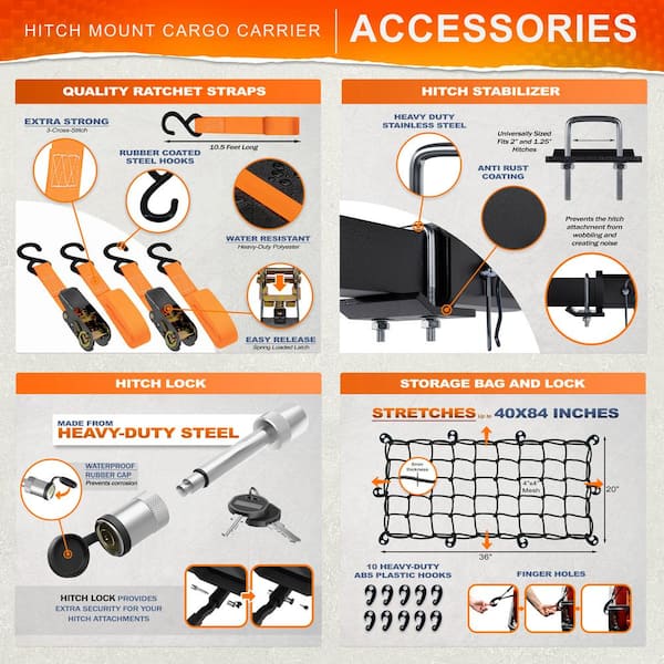 500 lbs. Capacity Hitch Mount Cargo Carrier Basket, 16 cu. ft. Cargo Bag , Thick Straps, Foldable Shank and 2 in. Raise