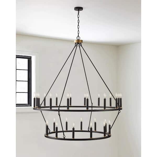 28-Light Black Wagon Wheel Chandelier 2 Tier Large Farmhouse Round Industrial Ceiling Hanging Light