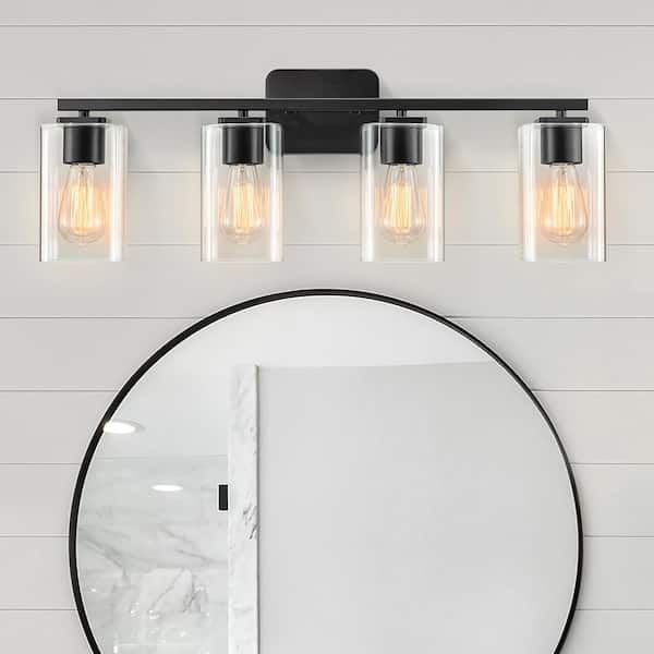 29 in. 4-Light Black Vanity Light with Square Glass Shades