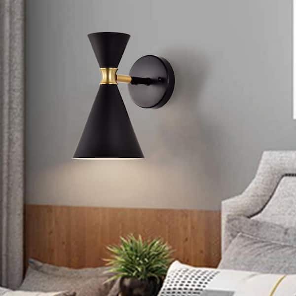 1-Light Black Wall Sconce with Brass Accents
