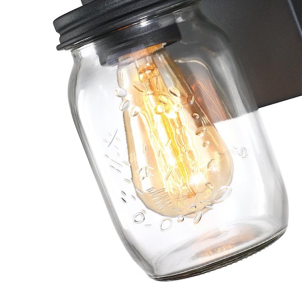 Eliton 1-Light Black/Wood Tone Rustic Farmhouse Wall Sconce with Clear Mason Jar Glass Shades