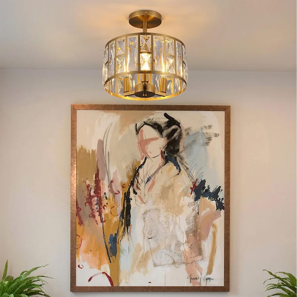 12 in. 3-Light Round Modern Gold Drum Semi Flush Mount Ceiling Light with Clear Crystal Glass