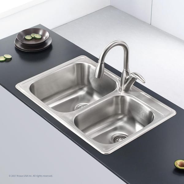 Drop-In Stainless Steel 33 in. 1-Hole 60/40 Double Bowl Kitchen Sink Kit