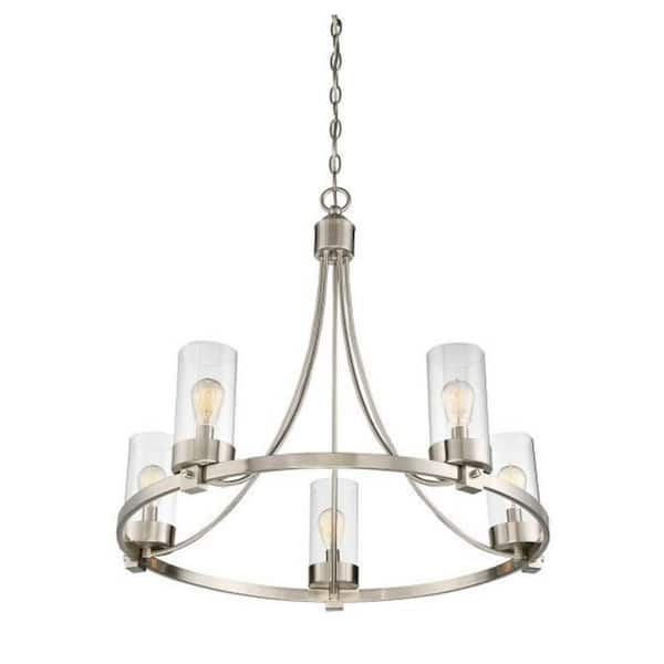 Meridian 26 in. W x 23 in. H 5-Light Brushed Nickel Chandelier with Clear Glass Cylindrical Shades