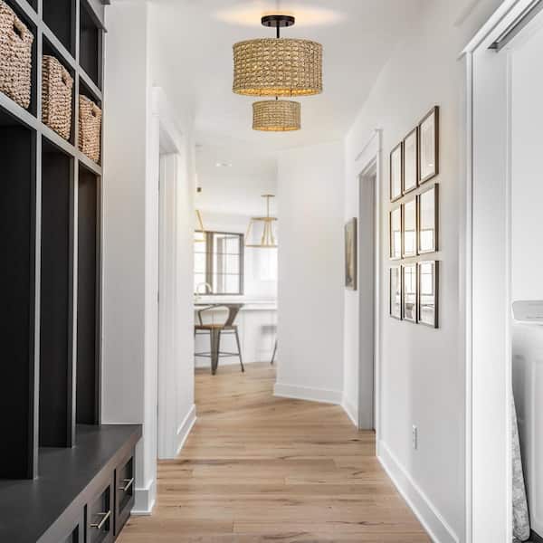 Elis 13.6 in. 2-Light Natural Rattan Semi-Flush Mount Ceiling Light with Black Canopy